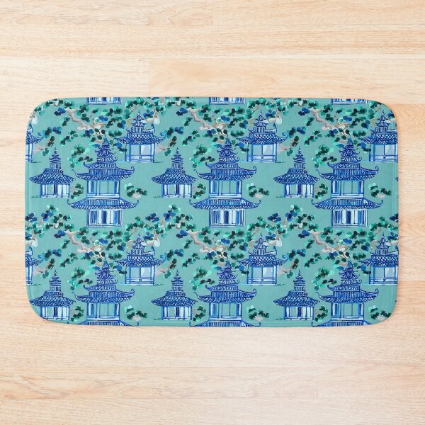 Item preview, Chinoiserie pagodas on teal background designed and sold by SophieClimaArt.