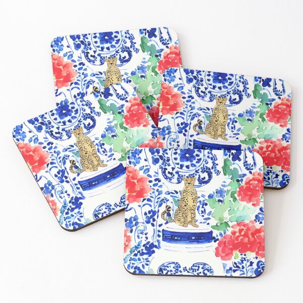 Item preview, Cheetah and chinoiserie jars in blue and red designed and sold by SophieClimaArt.