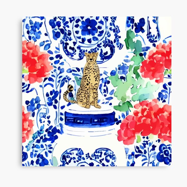 Item preview, Cheetah and chinoiserie jars in blue and red designed and sold by SophieClimaArt.