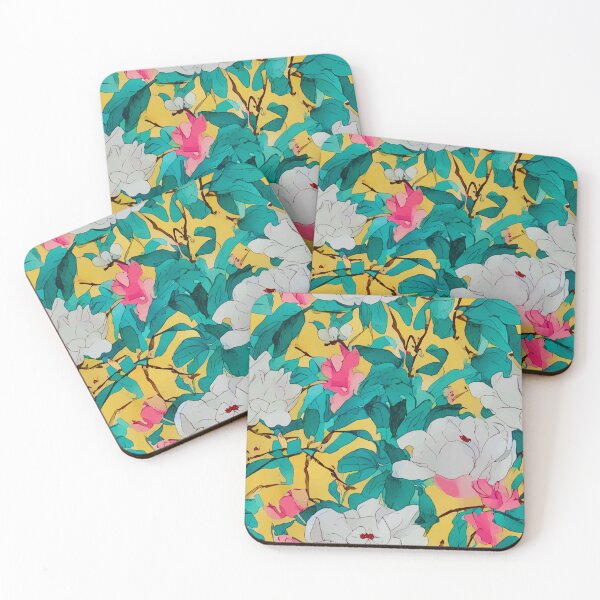 Item preview, White and pink magnolia flowers on yellow designed and sold by SophieClimaArt.