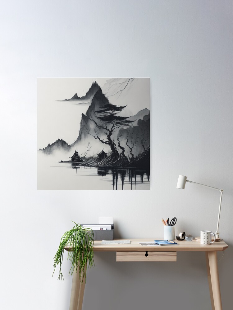 Muted Chinese Ink Painting Scroll · Creative Fabrica