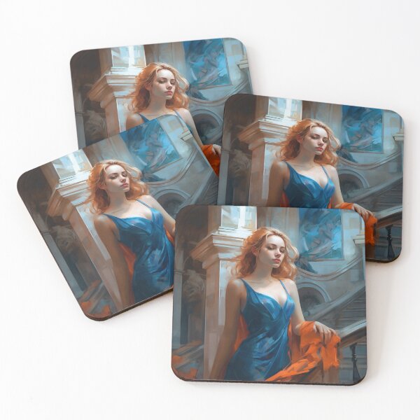 Item preview, Graceful Beauty: A Digital Painting of an Elegant Girl in a Blue and Orange Dress Amidst Classic Architecture and Flowing Locks designed and sold by oanaunciuleanu.