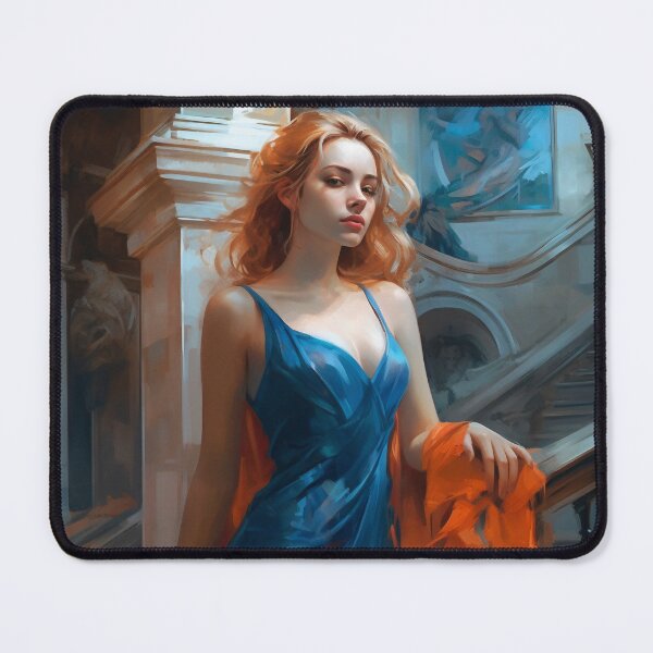 Item preview, Graceful Beauty: A Digital Painting of an Elegant Girl in a Blue and Orange Dress Amidst Classic Architecture and Flowing Locks designed and sold by oanaunciuleanu.