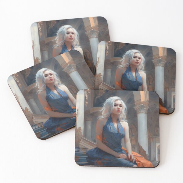 Item preview, Graceful Beauty: A Digital Painting of an Elegant Girl in a Blue and Orange Dress Amidst Classic Architecture and Flowing Locks designed and sold by oanaunciuleanu.