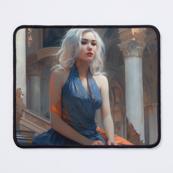 Item preview, Graceful Beauty: A Digital Painting of an Elegant Girl in a Blue and Orange Dress Amidst Classic Architecture and Flowing Locks designed and sold by oanaunciuleanu.