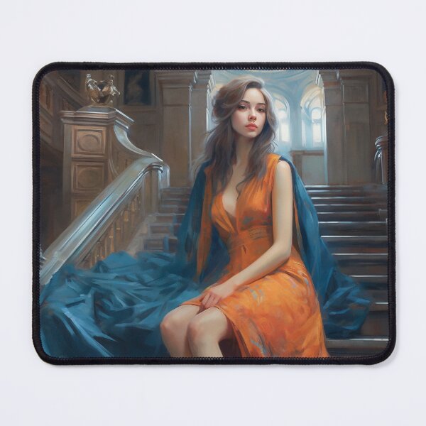 Item preview, Graceful Beauty: A Digital Painting of an Elegant Girl in a Blue and Orange Dress Amidst Classic Architecture and Flowing Locks designed and sold by oanaunciuleanu.