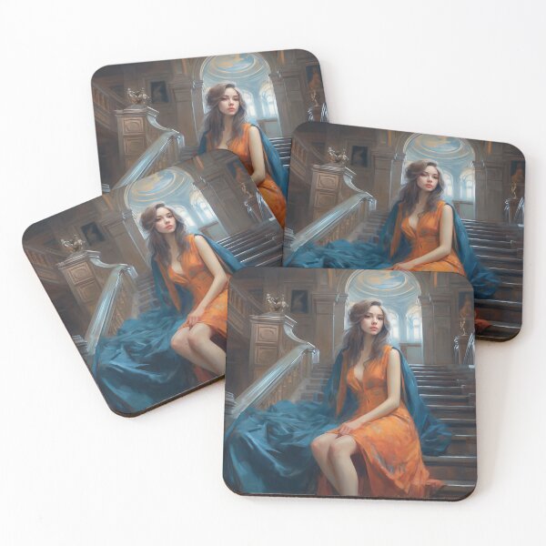 Item preview, Graceful Beauty: A Digital Painting of an Elegant Girl in a Blue and Orange Dress Amidst Classic Architecture and Flowing Locks designed and sold by oanaunciuleanu.