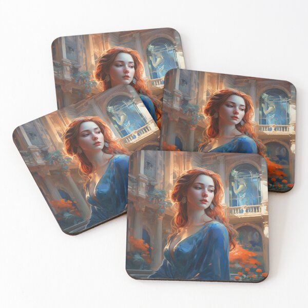 Item preview, Graceful Beauty: A Digital Painting of an Elegant Girl in a Blue and Orange Dress Amidst Classic Architecture and Flowing Locks designed and sold by oanaunciuleanu.