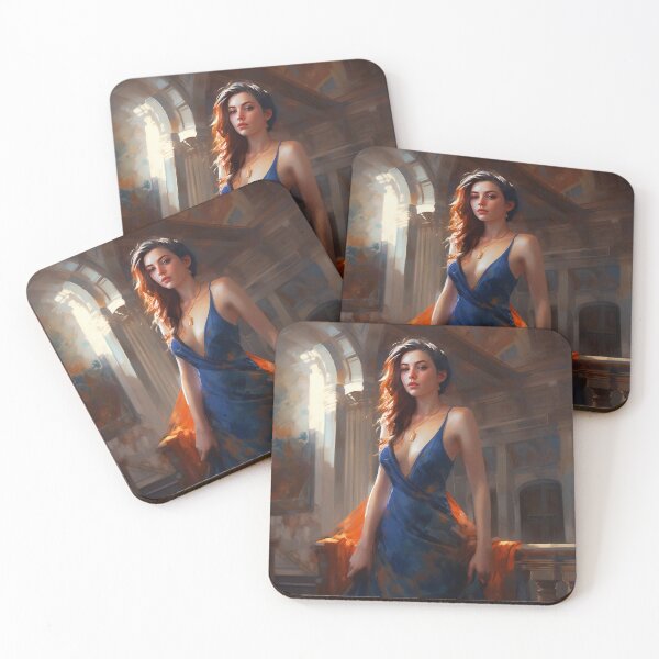 Item preview, Graceful Beauty: A Digital Painting of an Elegant Girl in a Blue and Orange Dress Amidst Classic Architecture and Flowing Locks designed and sold by oanaunciuleanu.