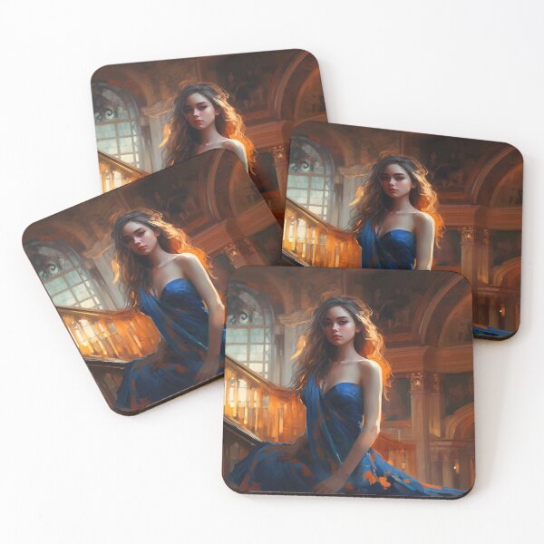 Item preview, Graceful Beauty: A Digital Painting of an Elegant Girl in a Blue and Orange Dress Amidst Classic Architecture and Flowing Locks designed and sold by oanaunciuleanu.