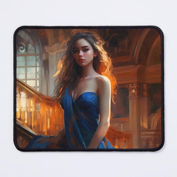 Item preview, Graceful Beauty: A Digital Painting of an Elegant Girl in a Blue and Orange Dress Amidst Classic Architecture and Flowing Locks designed and sold by oanaunciuleanu.