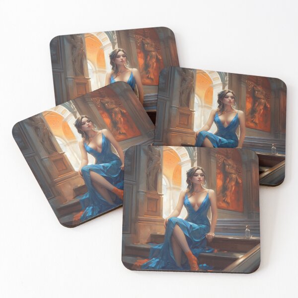 Item preview, Graceful Beauty: A Digital Painting of an Elegant Girl in a Blue and Orange Dress Amidst Classic Architecture and Flowing Locks designed and sold by oanaunciuleanu.