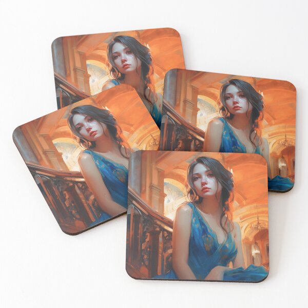 Item preview, Graceful Beauty: A Digital Painting of an Elegant Girl in a Blue and Orange Dress Amidst Classic Architecture and Flowing Locks designed and sold by oanaunciuleanu.