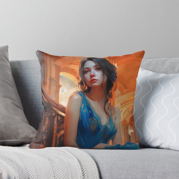 Item preview, Graceful Beauty: A Digital Painting of an Elegant Girl in a Blue and Orange Dress Amidst Classic Architecture and Flowing Locks designed and sold by oanaunciuleanu.
