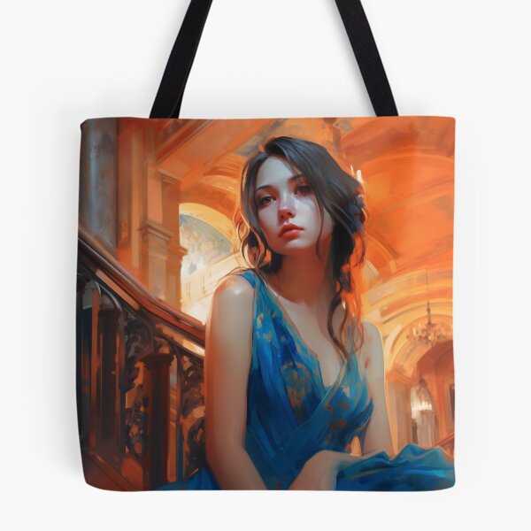 Item preview, Graceful Beauty: A Digital Painting of an Elegant Girl in a Blue and Orange Dress Amidst Classic Architecture and Flowing Locks designed and sold by oanaunciuleanu.