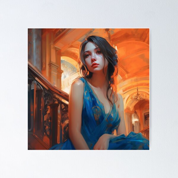 Item preview, Graceful Beauty: A Digital Painting of an Elegant Girl in a Blue and Orange Dress Amidst Classic Architecture and Flowing Locks designed and sold by oanaunciuleanu.
