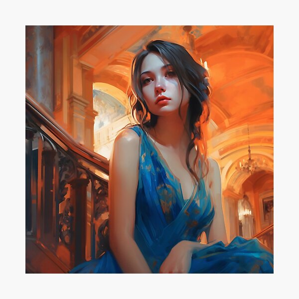 Item preview, Graceful Beauty: A Digital Painting of an Elegant Girl in a Blue and Orange Dress Amidst Classic Architecture and Flowing Locks designed and sold by oanaunciuleanu.
