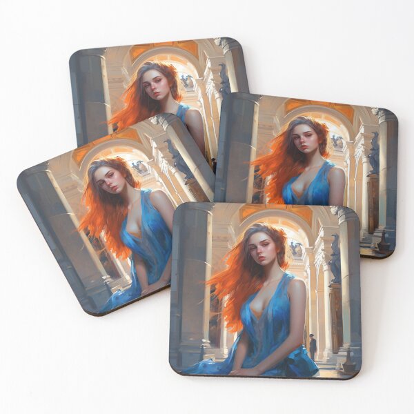 Item preview, Graceful Beauty: A Digital Painting of an Elegant Girl in a Blue and Orange Dress Amidst Classic Architecture and Flowing Locks designed and sold by oanaunciuleanu.