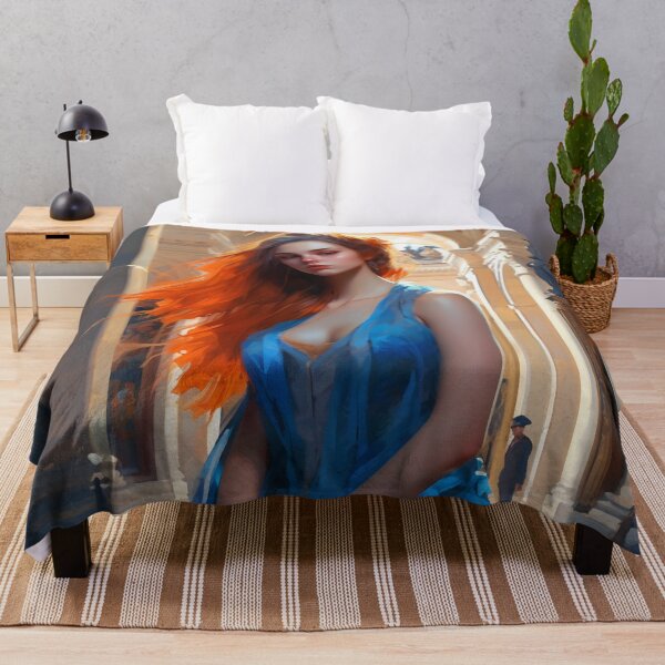 Item preview, Graceful Beauty: A Digital Painting of an Elegant Girl in a Blue and Orange Dress Amidst Classic Architecture and Flowing Locks designed and sold by oanaunciuleanu.