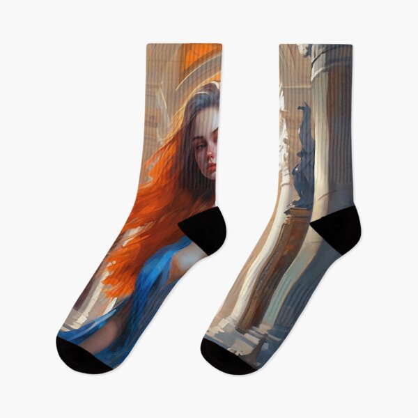 Item preview, Graceful Beauty: A Digital Painting of an Elegant Girl in a Blue and Orange Dress Amidst Classic Architecture and Flowing Locks designed and sold by oanaunciuleanu.