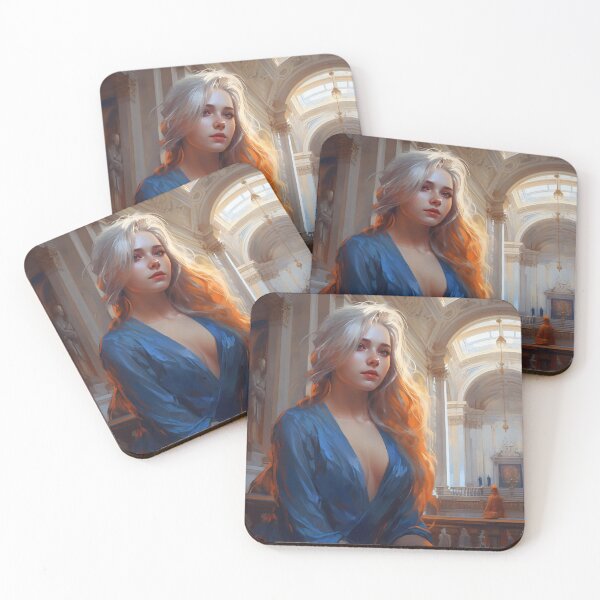 Item preview, Graceful Beauty: A Digital Painting of an Elegant Girl in a Blue and Orange Dress Amidst Classic Architecture and Flowing Locks designed and sold by oanaunciuleanu.