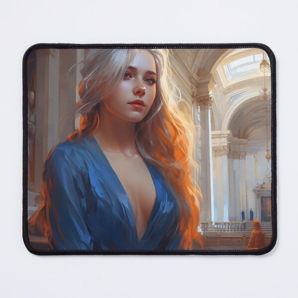 Item preview, Graceful Beauty: A Digital Painting of an Elegant Girl in a Blue and Orange Dress Amidst Classic Architecture and Flowing Locks designed and sold by oanaunciuleanu.