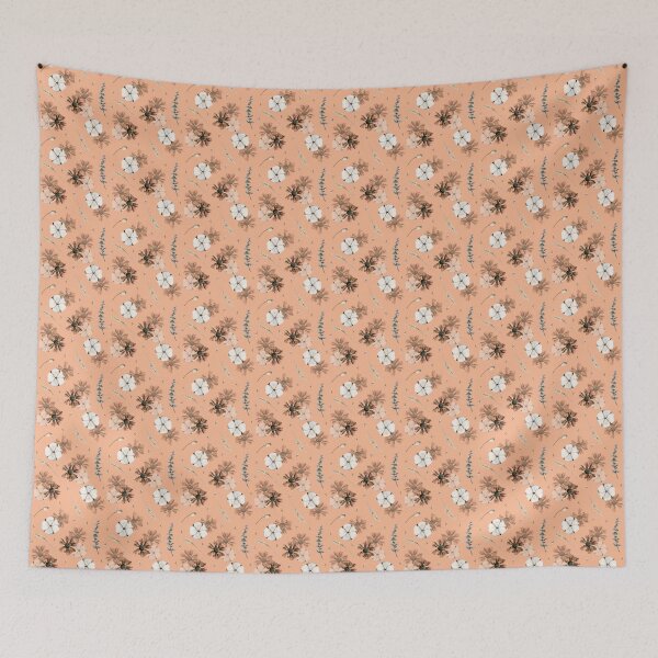 Item preview, Watercolor pastel orange cotton flowers, eucalyptus branches and wheat botanical seamless pattern designed and sold by Elena Malgina.
