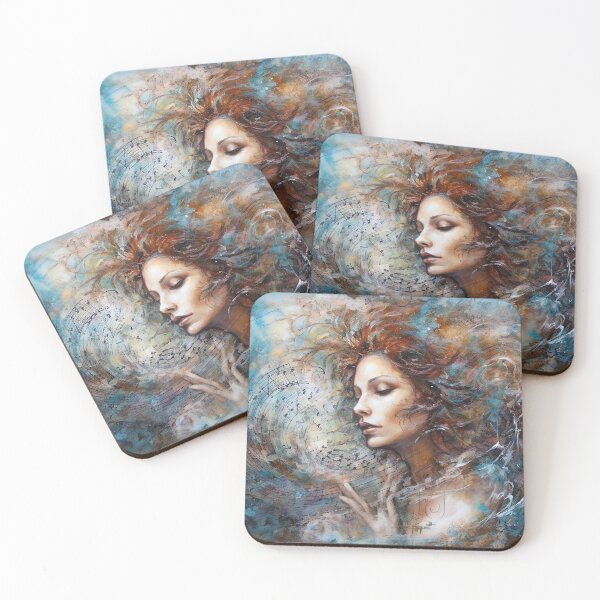 Item preview, "Water Music Muse Digital Art, Abstract Woman, Dreamlike Illusionism, Swirling Vortexes, Cyan & Amber, UHD Wall Art, 20""x16"" Print " designed and sold by stateofhuman.