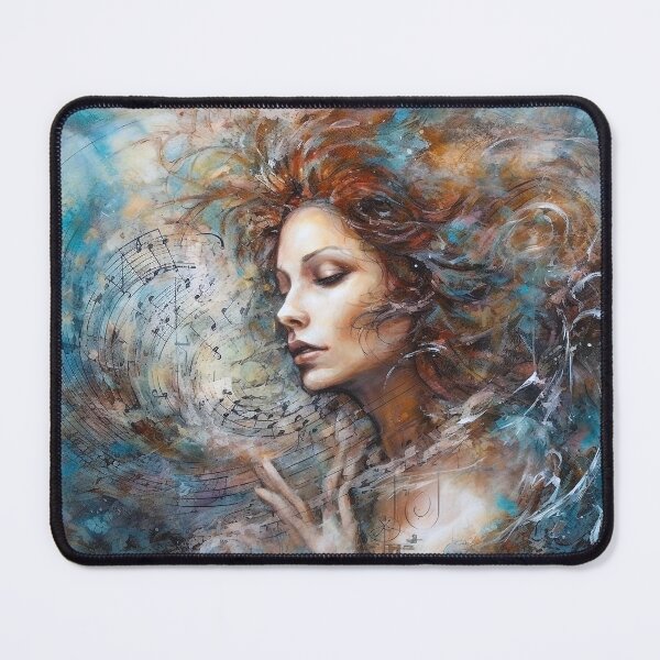 Item preview, "Water Music Muse Digital Art, Abstract Woman, Dreamlike Illusionism, Swirling Vortexes, Cyan & Amber, UHD Wall Art, 20""x16"" Print " designed and sold by stateofhuman.