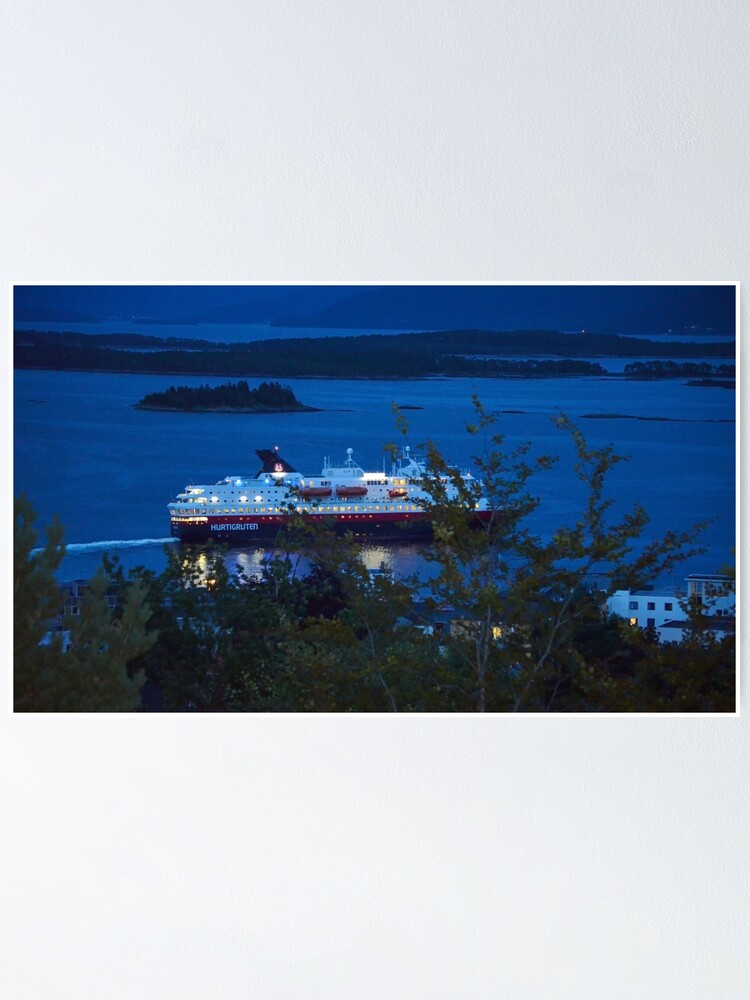 Thumbnail 2 of 3, Poster, Hurtigruten Embarks on a Nightly Seafaring Adventure from Molde, Showcasing the City's Stunning Seascape designed and sold by Tonny Frøyen.