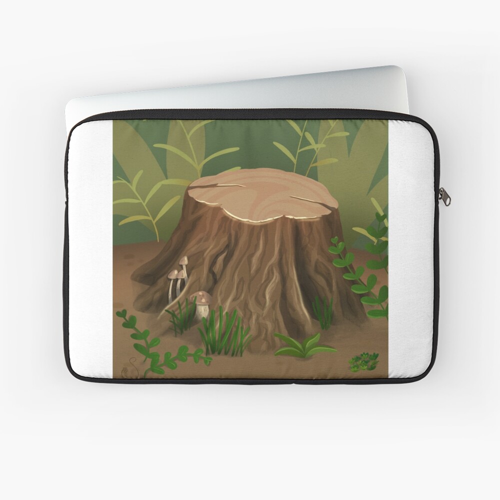 Woodland cottage-core tree stump with mushrooms