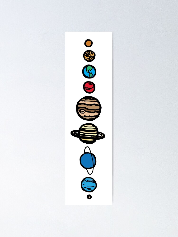 Alternative Ansicht von Ich habe sie einfach gehalten und trotzdem die Eigenschaften jedes Planeten beibehalten. Ich habe der Schwarz-Weiß-Version digital etwas Farbe als Variation hinzugefügt.
(Und natürlich habe ich Pluto in unsere Herzen aufgenommen, er ist immer noch ein P Poster