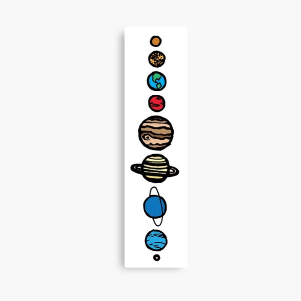 Ich habe sie einfach gehalten und trotzdem die Eigenschaften jedes Planeten beibehalten. Ich habe der Schwarz-Weiß-Version digital etwas Farbe als Variation hinzugefügt.
(Und natürlich habe ich Pluto in unsere Herzen aufgenommen, er ist immer noch ein P Leinwanddruck