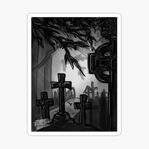 Darkly Gothic Cemetery Illustration: A Hauntingly Beautiful Depiction Sticker
