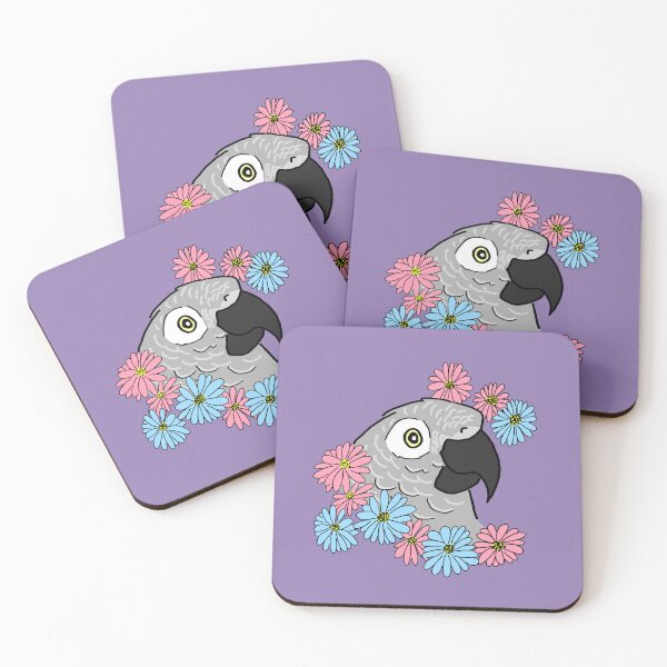 Item preview, cute African grey parrot and colourful daisy flowers designed and sold by okamechan.