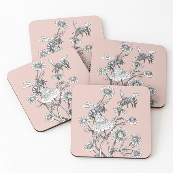 Item preview, bees and chamomile on dusty pink background designed and sold by EllenLambrichts.