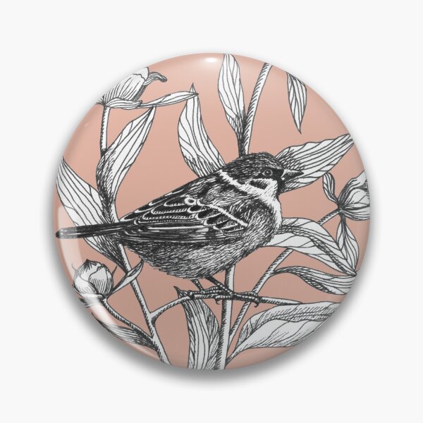 Item preview, ink sparrow and peonies on terracotta background designed and sold by EllenLambrichts.