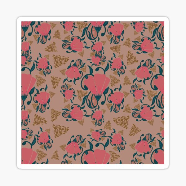 Pink Poppies and Vines (Tan Background)  Sticker
