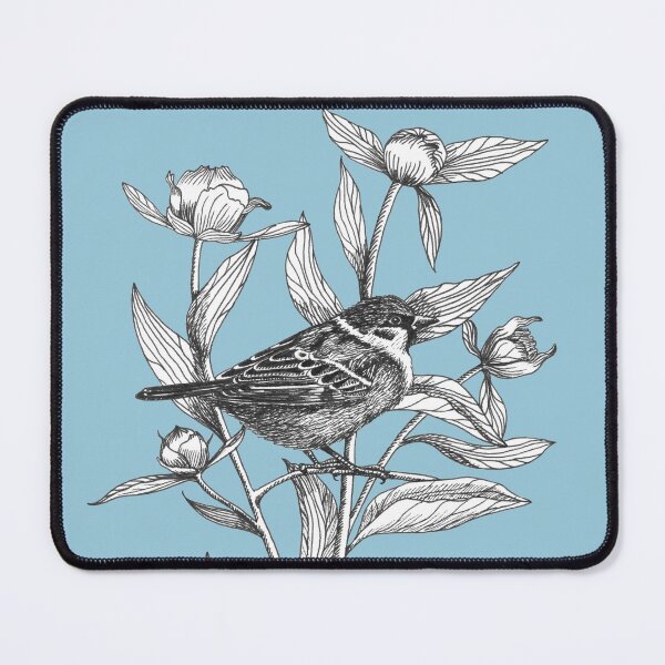 Item preview, ink sparrow and peonies on blue background designed and sold by EllenLambrichts.