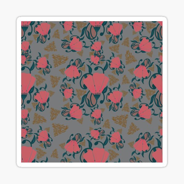 Pink Poppies and Vines (Gray Background)  Sticker