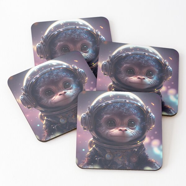 Item preview, A half body shot of a cute baby chimpanzee astronaut in space with floral and space background. designed and sold by HappyPrompt.