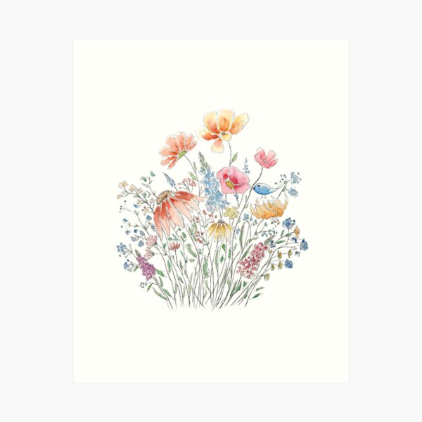 wild flower bouquet and blue bird-line and watercolor 2 Art Print