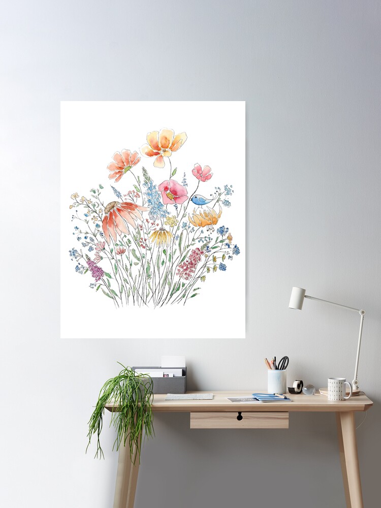 wild flower bouquet and blue bird-line and watercolor 2 | Poster