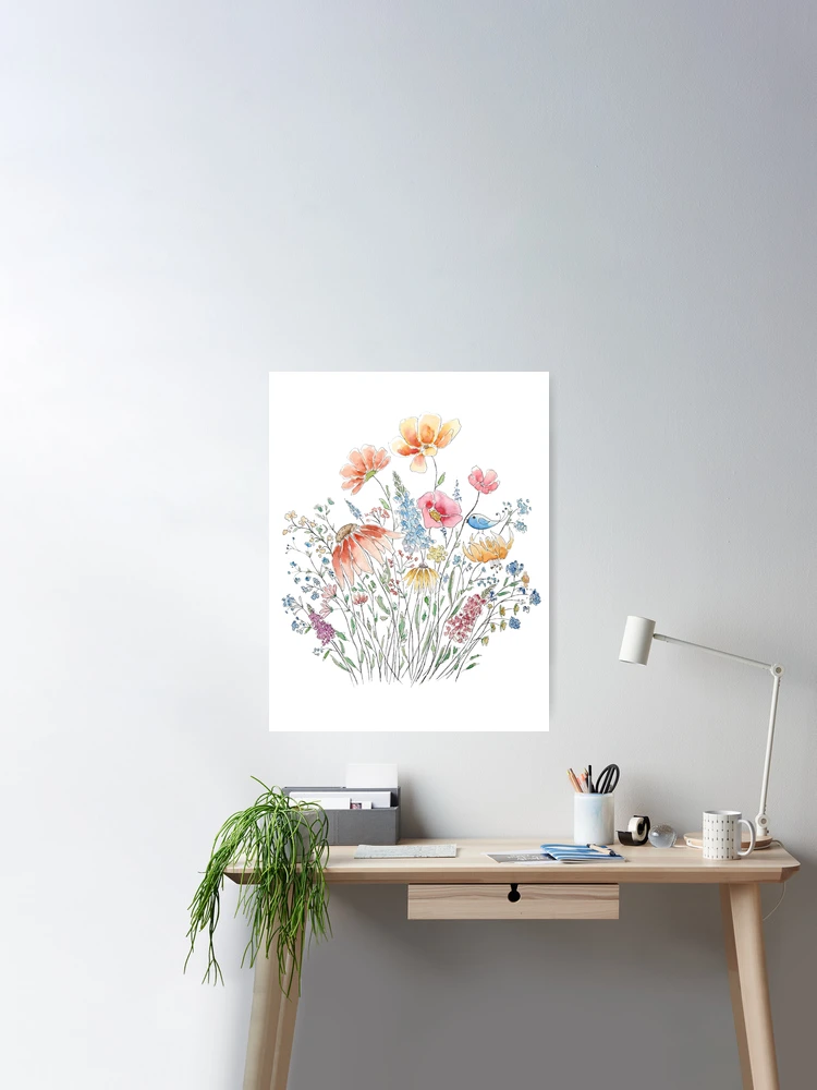 wild flower bouquet and blue bird-line and watercolor 2