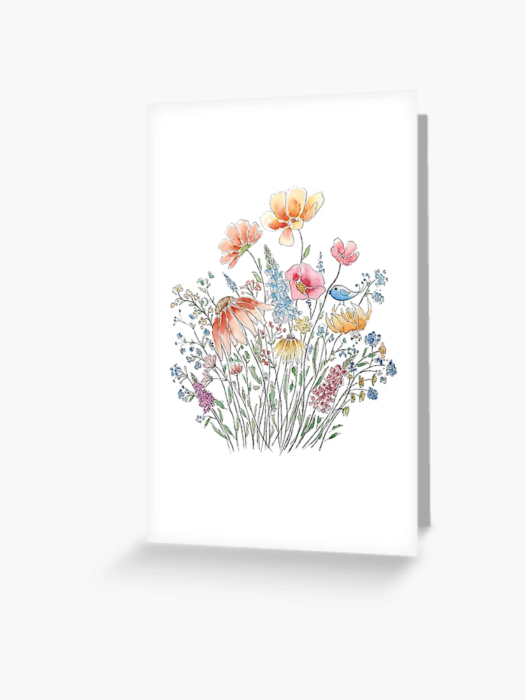 wild flower bouquet and blue bird-line and watercolor 2 Greeting Card for  Sale by ColorandColor