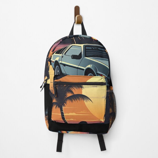 Item preview, DeLorean inspired car Sunset Palm Trees front side designed and sold by TeePulseMania.