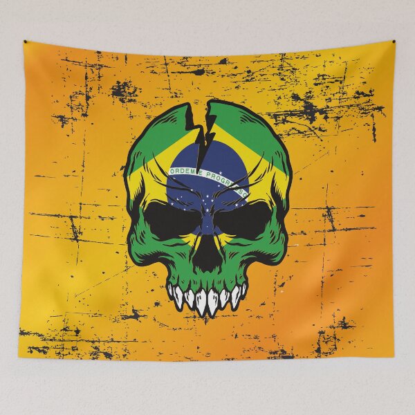 Item preview, Brazil flag on a distressed grunge scary skull designed and sold by Donutlovers.