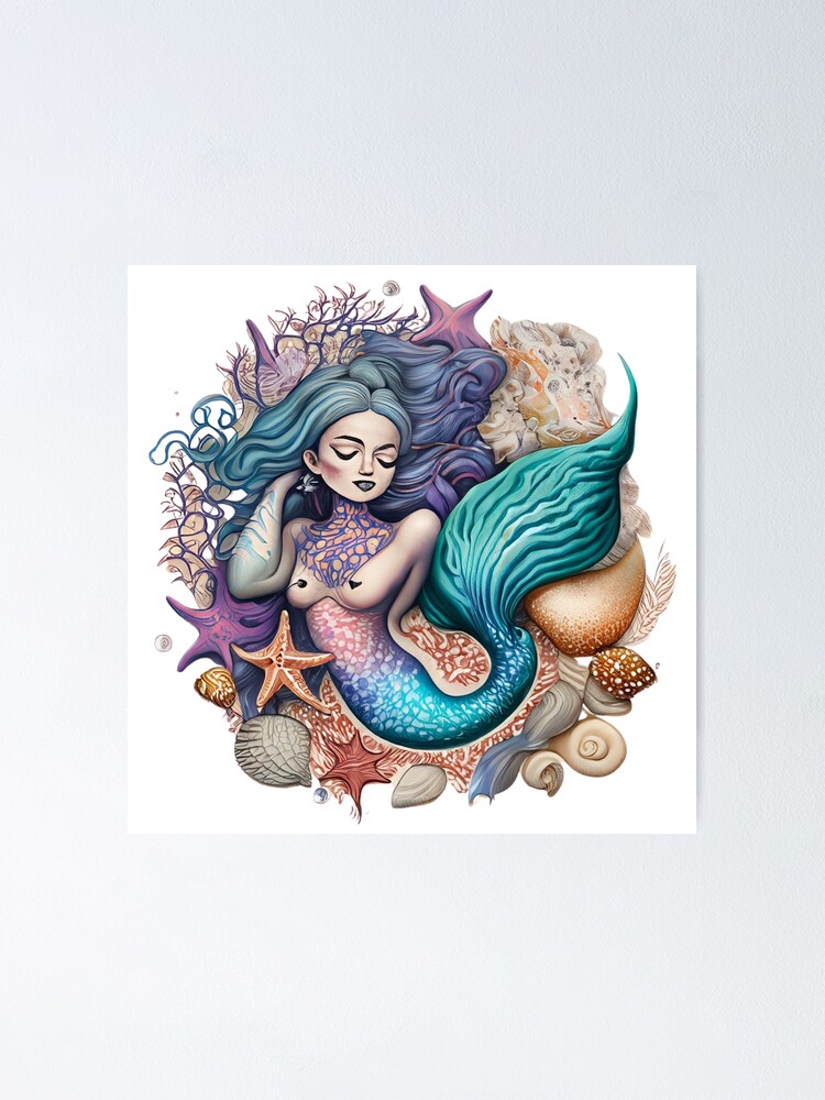 Tattoo Design Featuring a Mermaid Surrounded by Shells and Starfish | Poster