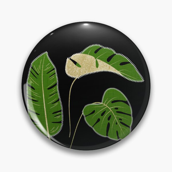Minimalist Tropical Leaf Design with Natural Green Fabric Texture and Gold Accents Pin
