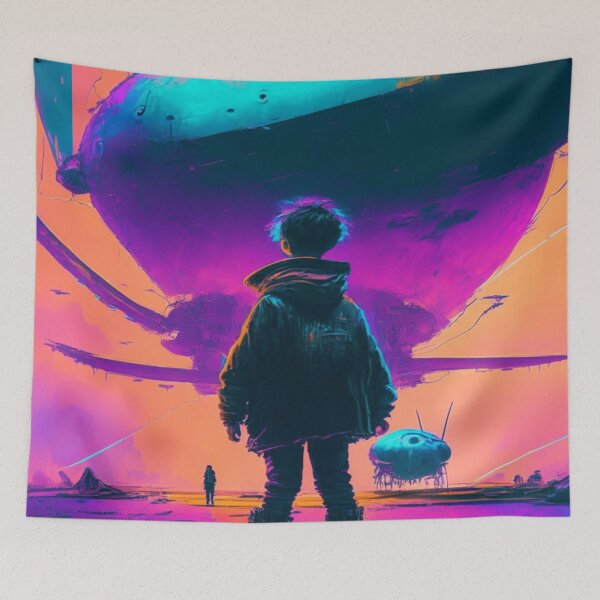 Item preview, "Adventure Awaits: A Child's Epic Encounter with a Giant Flying Zeppelin in a Neon Comic Book World" designed and sold by jobin0786.
